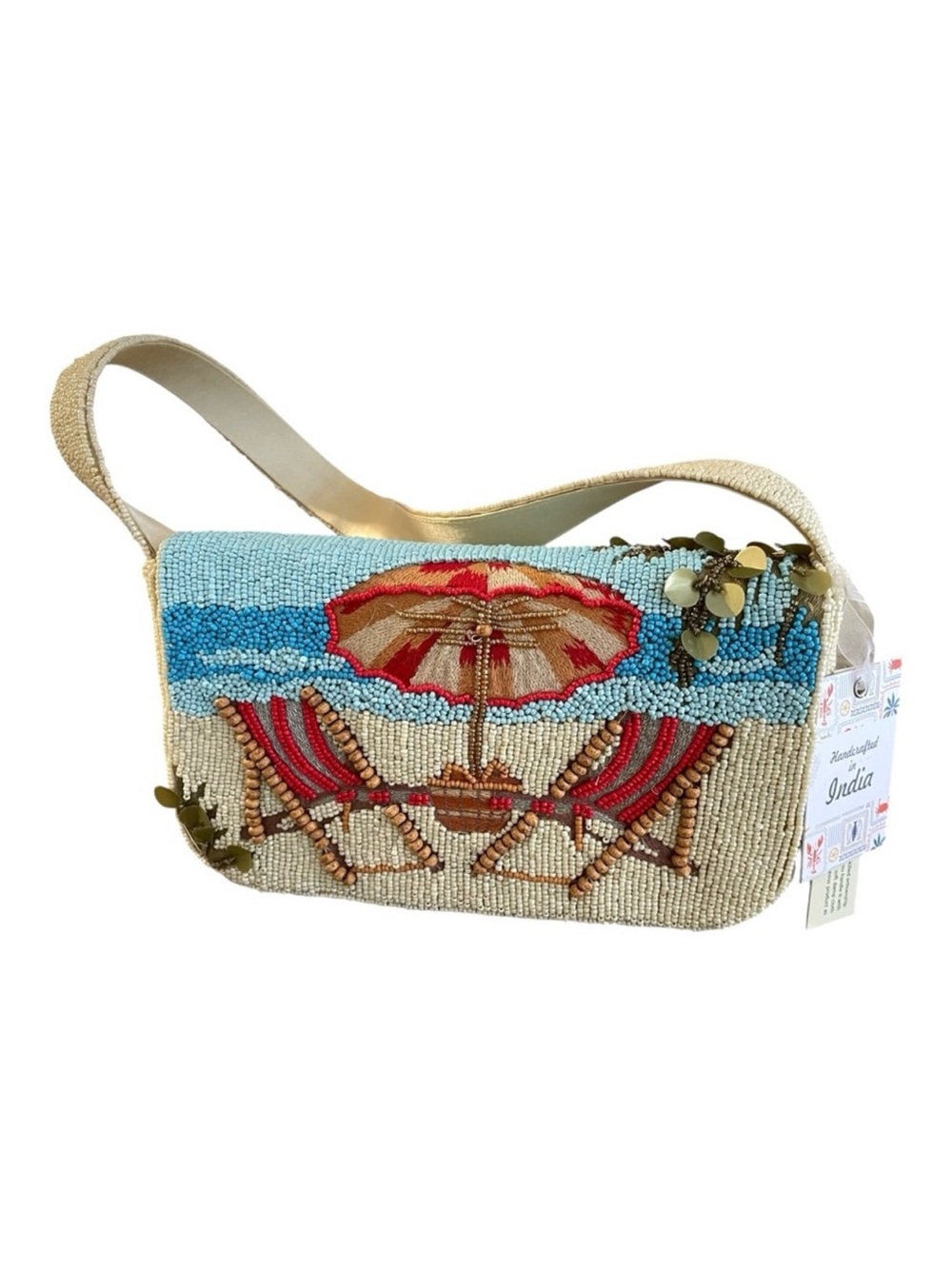 Marshalls Beaded Beach Scene Shoulder Bag - Beige, Blue & Red